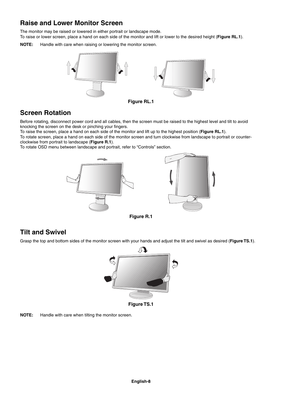 Raise and lower monitor screen, Screen rotation, Tilt and swivel | NEC EA273WM User Manual | Page 10 / 27