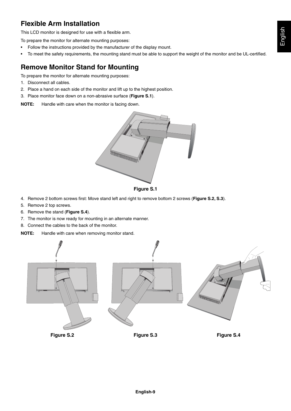 Flexible arm installation, Remove monitor stand for mounting, English | NEC EA273WM User Manual | Page 11 / 27