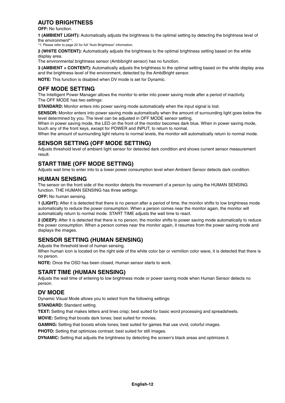 Auto brightness, Off mode setting, Sensor setting (off mode setting) | Start time (off mode setting), Human sensing, Sensor setting (human sensing), Start time (human sensing), Dv mode | NEC EA273WM User Manual | Page 14 / 27