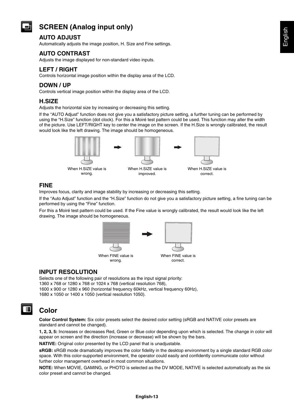 Screen (analog input only), Color, English | Auto adjust, Auto contrast, Left / right, Down / up, H.size, Fine, Input resolution | NEC EA273WM User Manual | Page 15 / 27