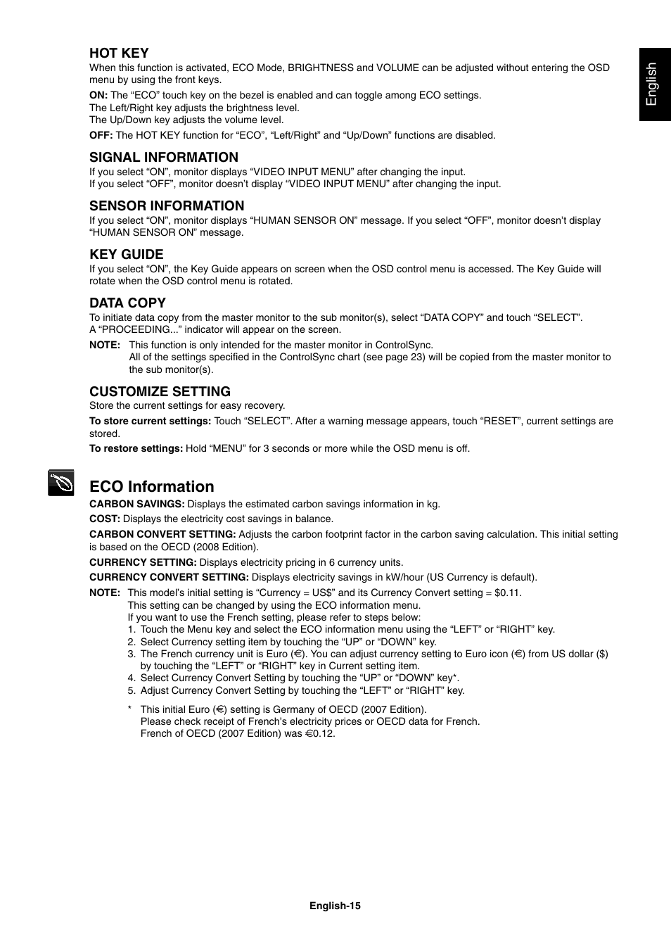 Eco information, English hot key, Signal information | Sensor information, Key guide, Data copy, Customize setting | NEC EA273WM User Manual | Page 17 / 27
