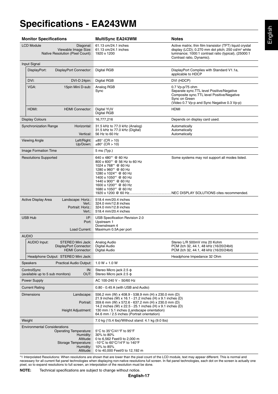 Specifications - ea243wm, Specifi cations - ea243wm, English | NEC EA273WM User Manual | Page 19 / 27