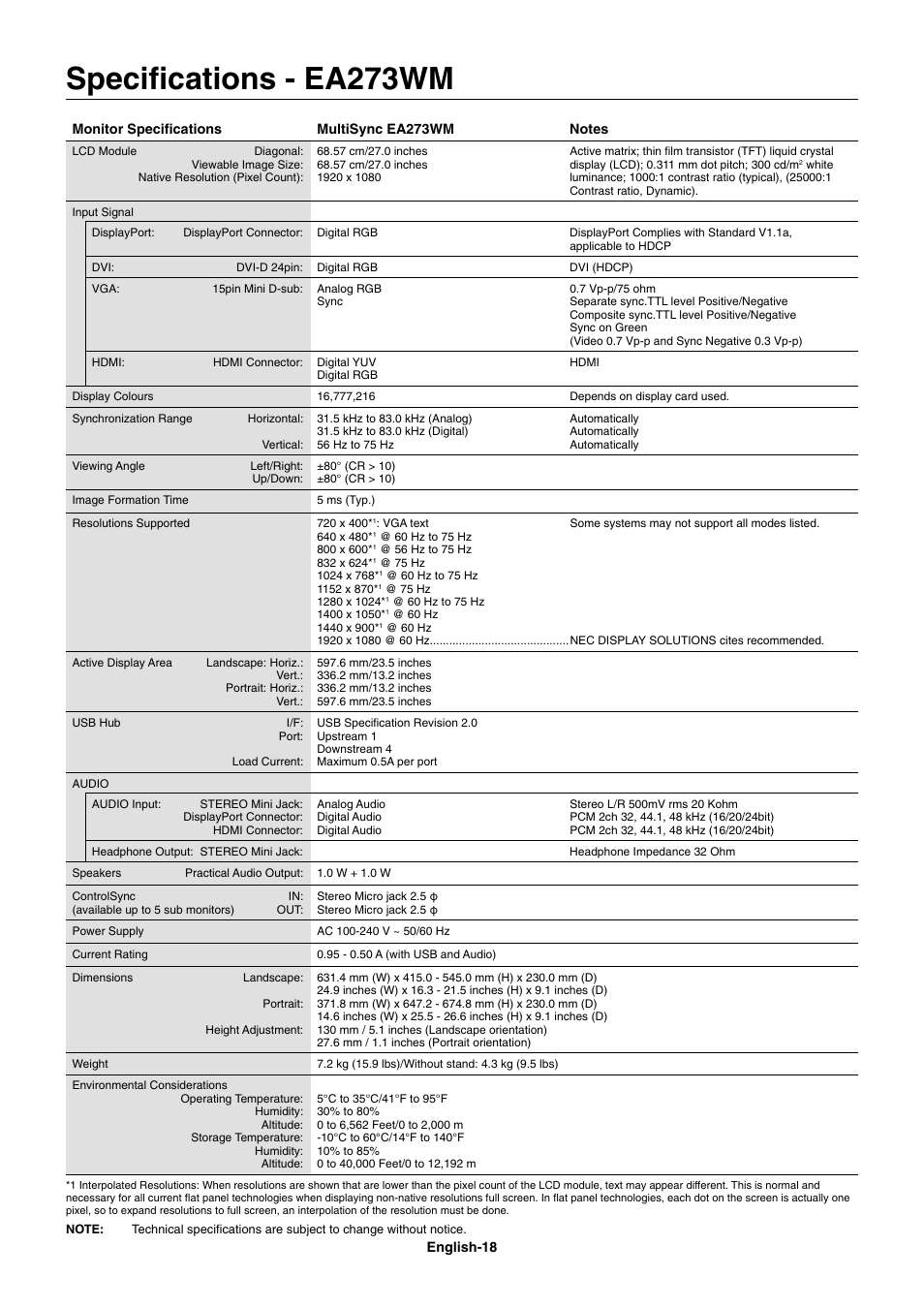 Specifications - ea273wm, Specifi cations - ea273wm | NEC EA273WM User Manual | Page 20 / 27