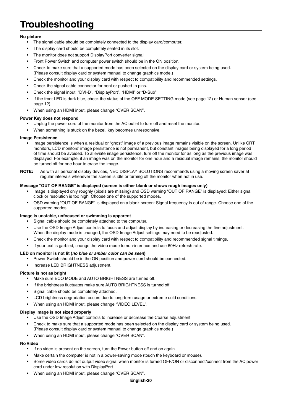 Troubleshooting | NEC EA273WM User Manual | Page 22 / 27