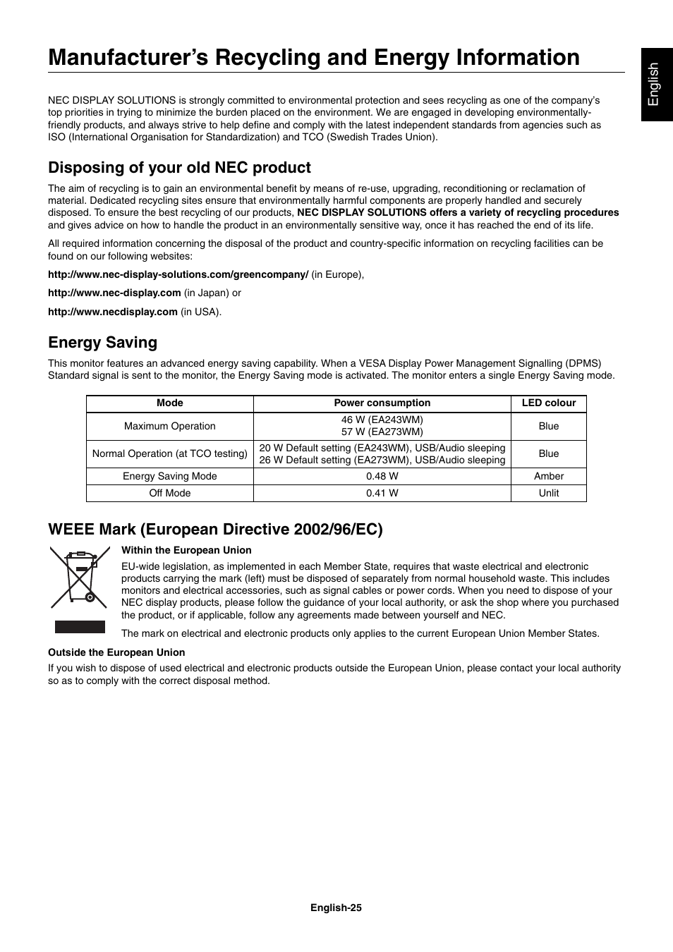 Manufacturer’s recycling and energy information, Disposing of your old nec product, Energy saving | English | NEC EA273WM User Manual | Page 27 / 27