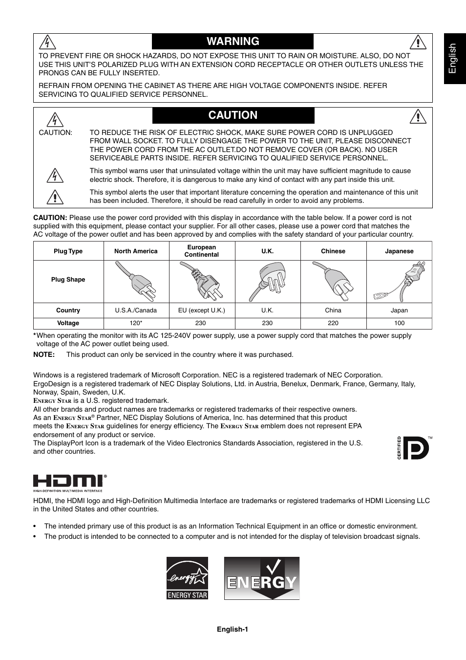Warning, Caution, Warning caution | English | NEC EA273WM User Manual | Page 3 / 27