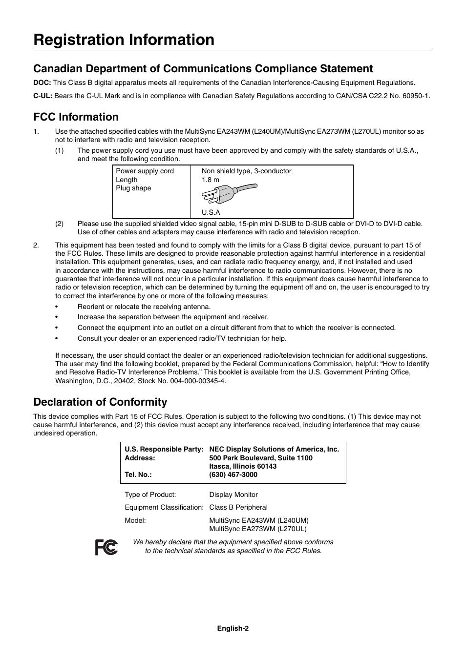 Registration information, Fcc information, Declaration of conformity | NEC EA273WM User Manual | Page 4 / 27