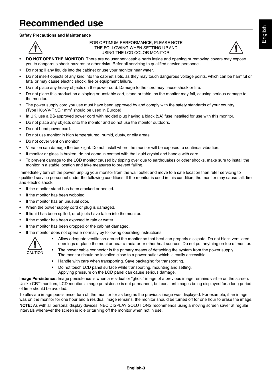 Recommended use, English | NEC EA273WM User Manual | Page 5 / 27