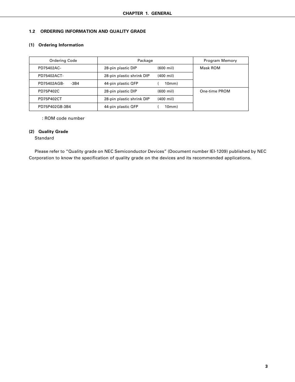 Ordering information and quality grade | NEC PD75402A User Manual | Page 14 / 195