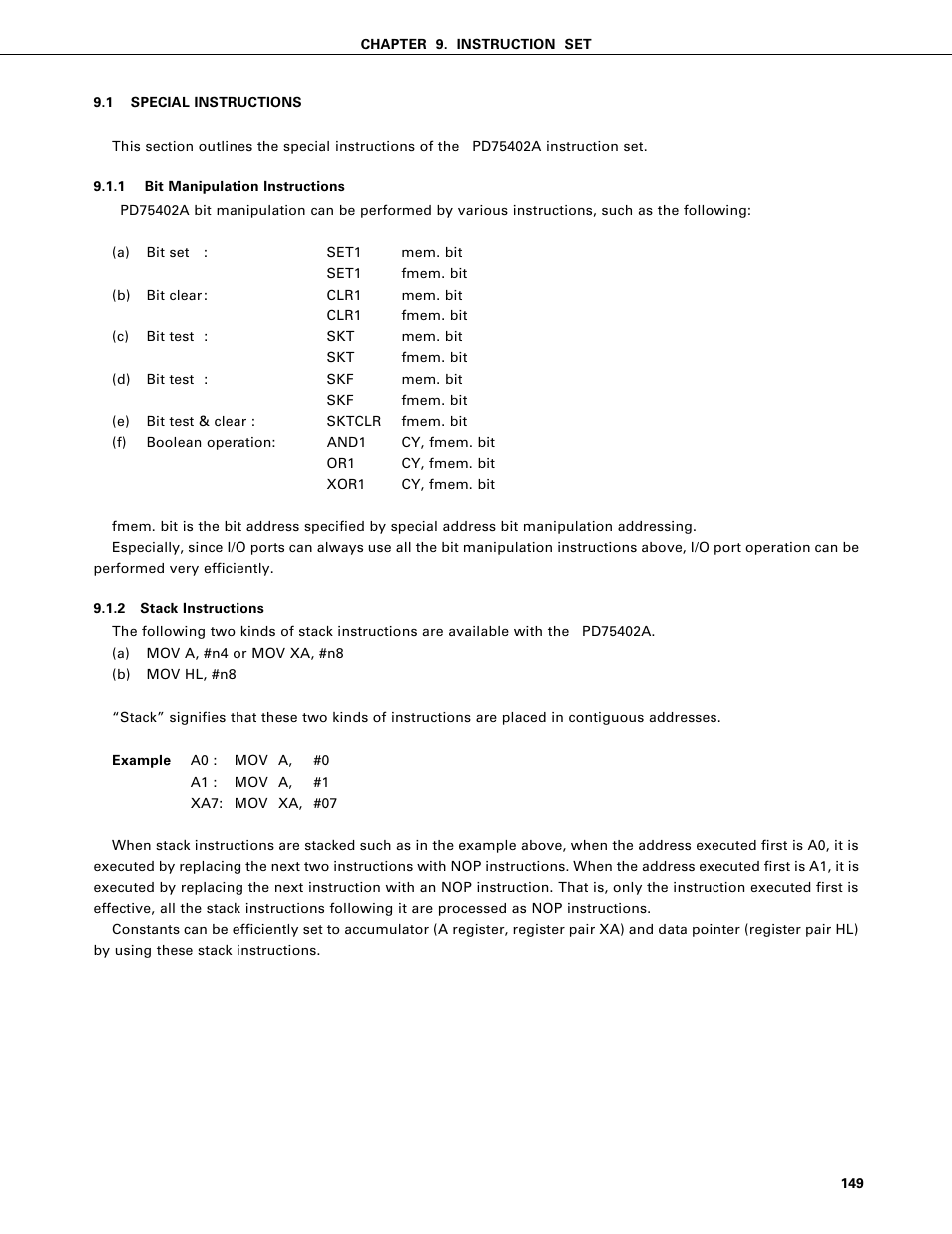 Special instructions, Bit manipulation instructions, Stack instructions | NEC PD75402A User Manual | Page 160 / 195