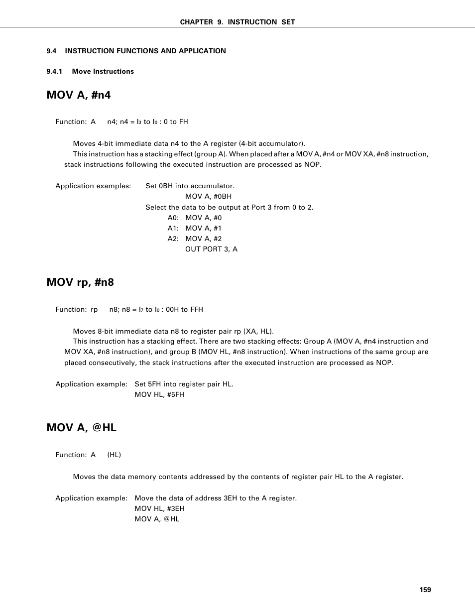 Instruction functions and application, Move instructions, Mov a, #n4 | Mov rp, #n8, Mov a, @hl | NEC PD75402A User Manual | Page 170 / 195