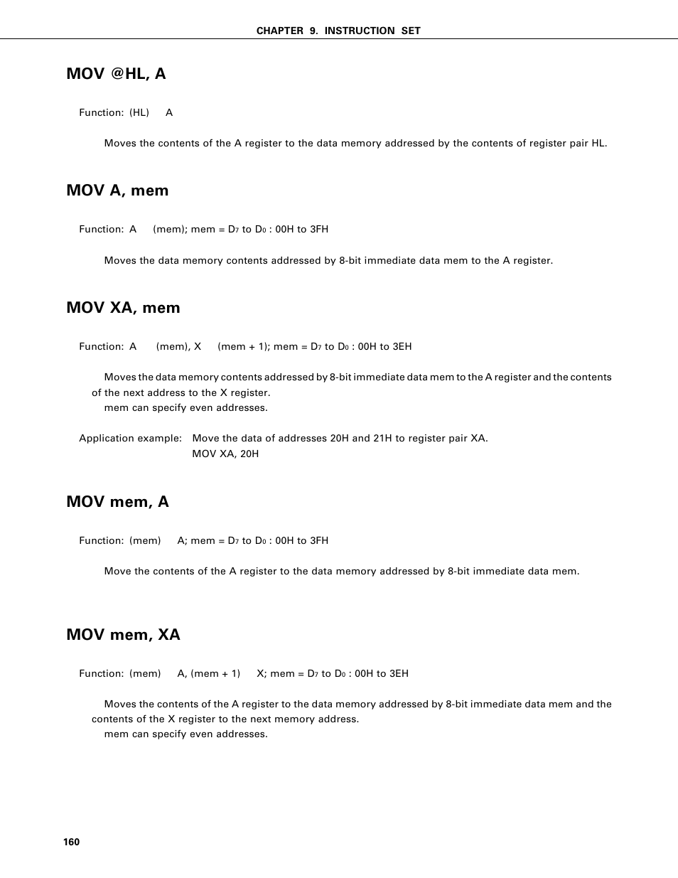 Mov @hl, a, Mov a, mem, Mov xa, mem | Mov mem, a, Mov mem, xa | NEC PD75402A User Manual | Page 171 / 195