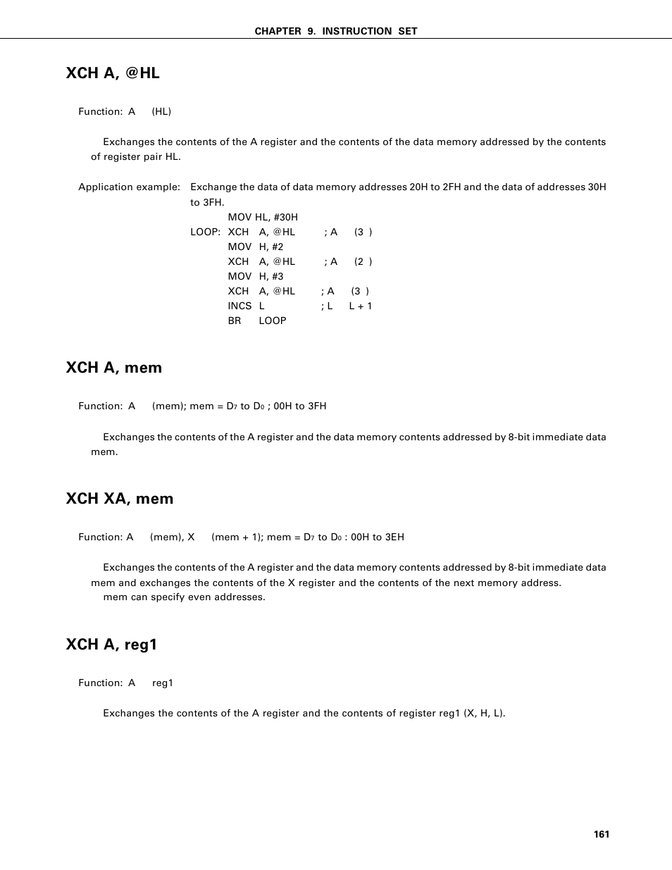 Xch a, @hl, Xch a, mem, Xch xa, mem | Xch a, reg1 | NEC PD75402A User Manual | Page 172 / 195
