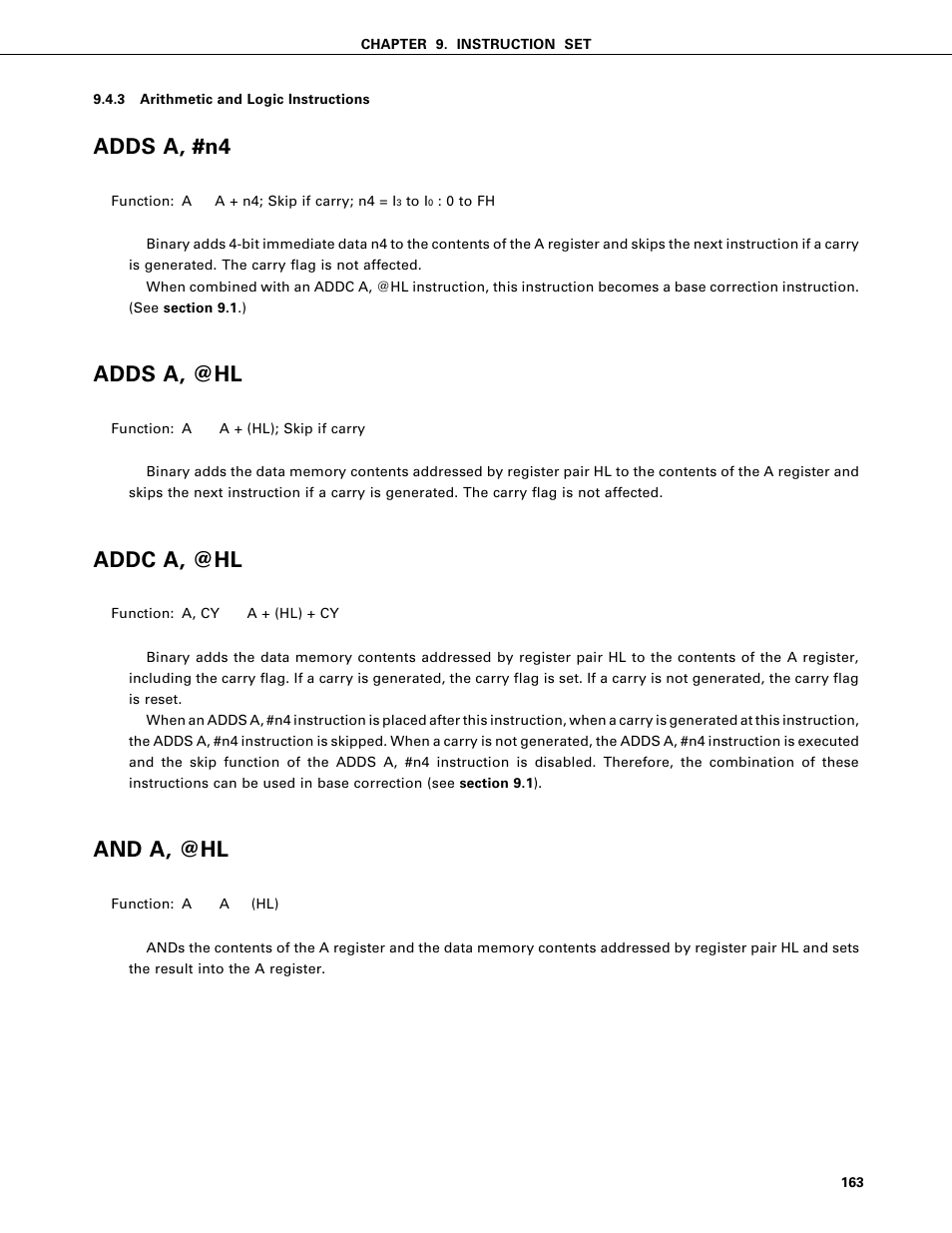 Arithmetic and logic instructions, Adds a, #n4, Adds a, @hl | Addc a, @hl, And a, @hl | NEC PD75402A User Manual | Page 174 / 195