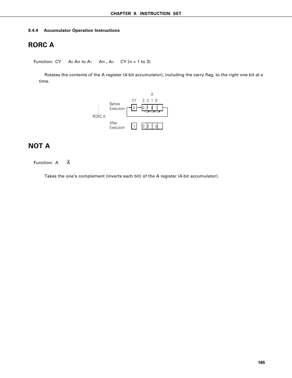 Accumulator operation instructions, Rorc a, Not a | NEC PD75402A User Manual | Page 176 / 195