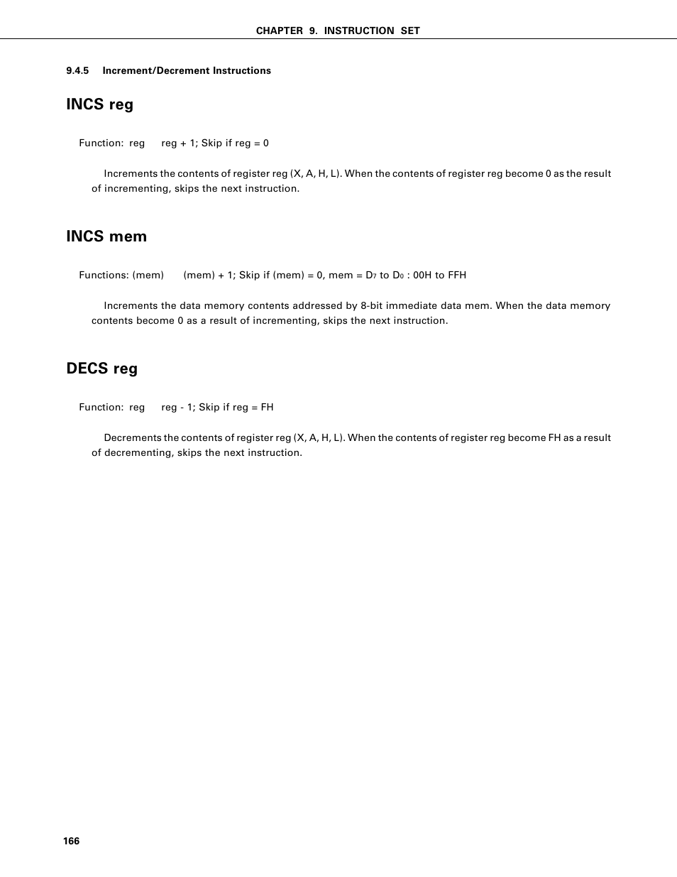 Increment/decrement instructions, Incs reg, Incs mem | Decs reg | NEC PD75402A User Manual | Page 177 / 195