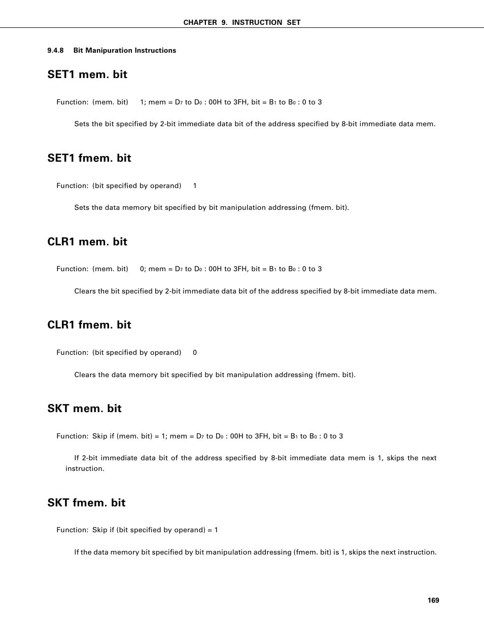 Bit manipuration instructions, Set1 mem. bit, Set1 fmem. bit | Clr1 mem. bit, Clr1 fmem. bit, Skt mem. bit, Skt fmem. bit | NEC PD75402A User Manual | Page 180 / 195