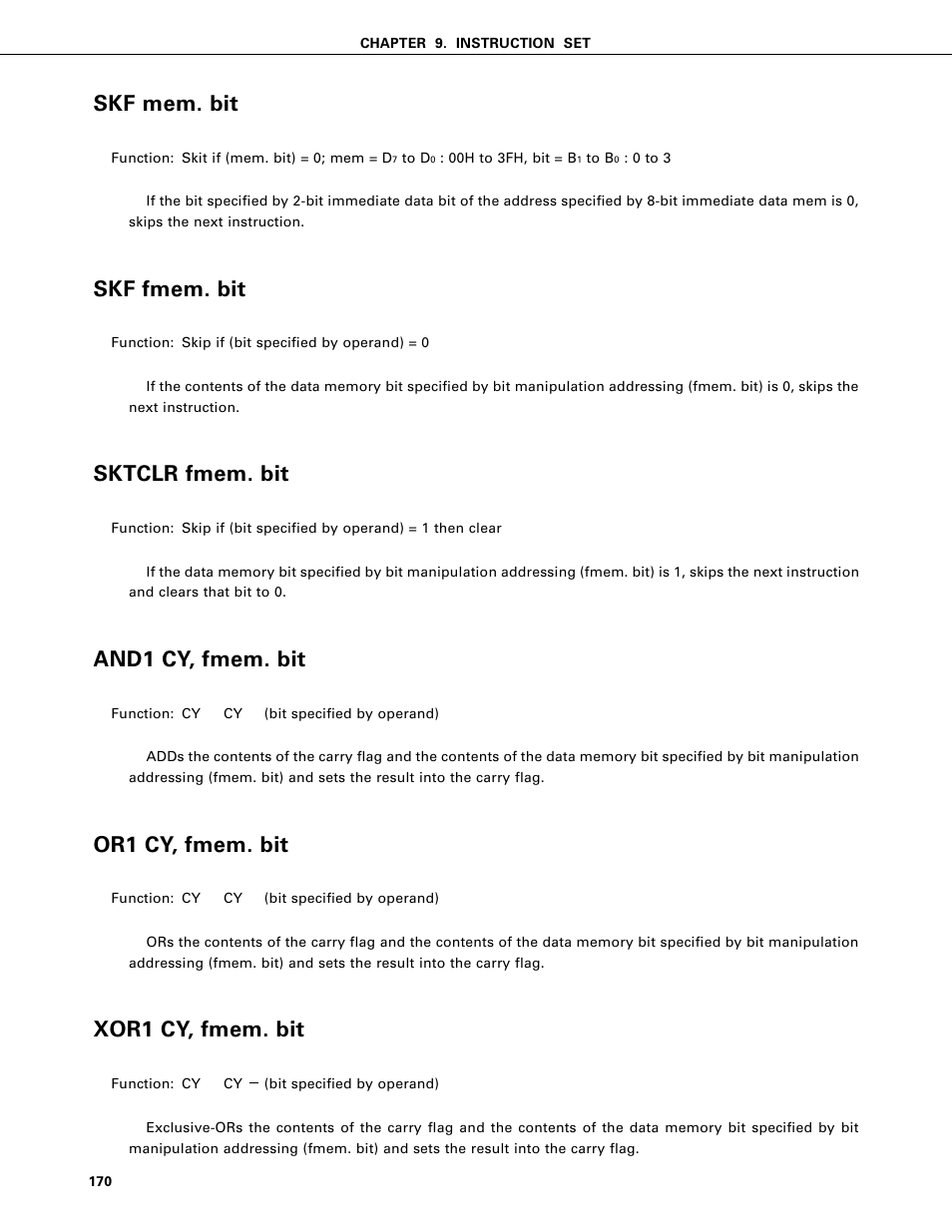 Skf mem. bit, Skf fmem. bit, Sktclr fmem. bit | And1 cy, fmem. bit, Or1 cy, fmem. bit, Xor1 cy, fmem. bit | NEC PD75402A User Manual | Page 181 / 195