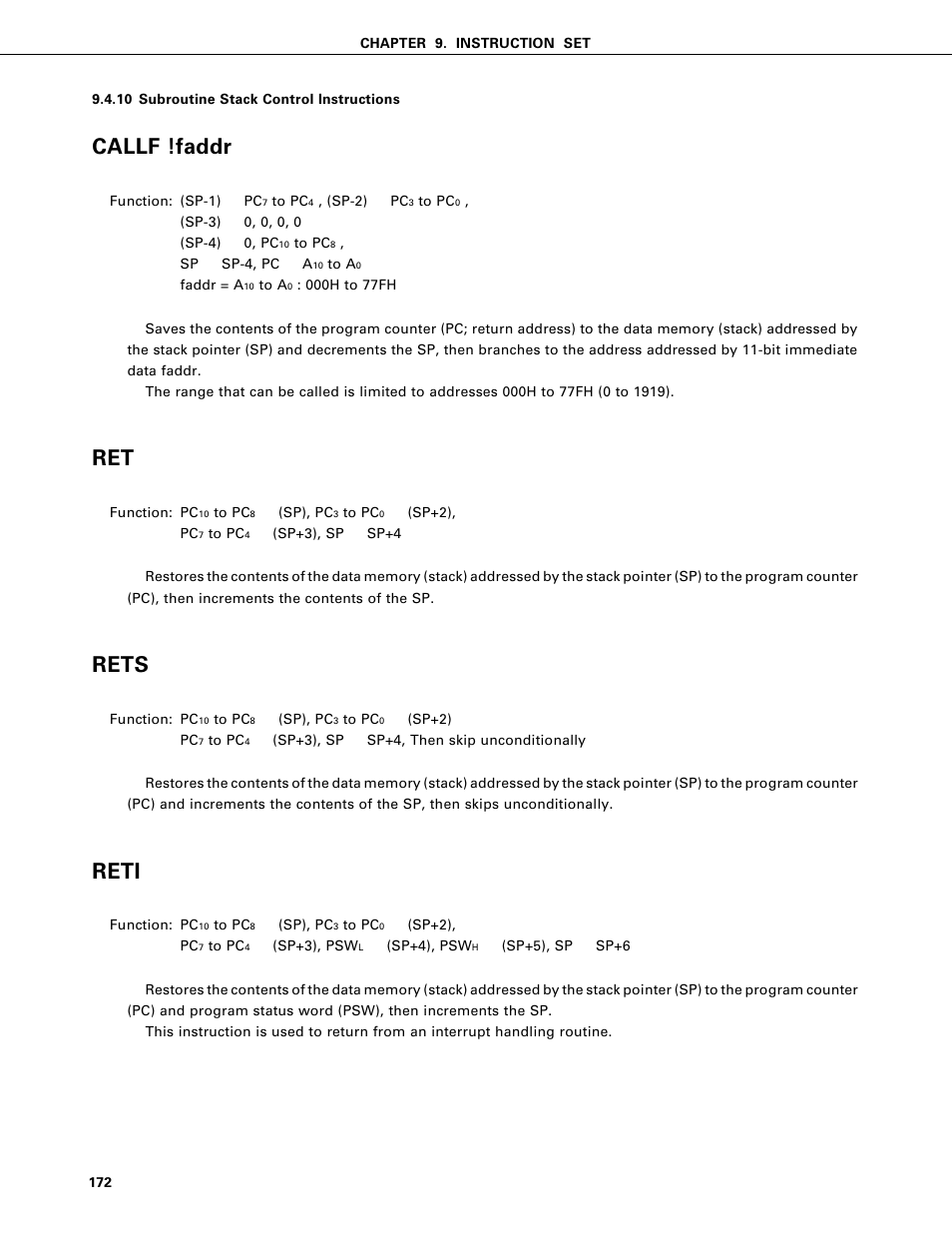 Subroutine stack control instructions, Callf !faddr, Rets | Reti | NEC PD75402A User Manual | Page 183 / 195