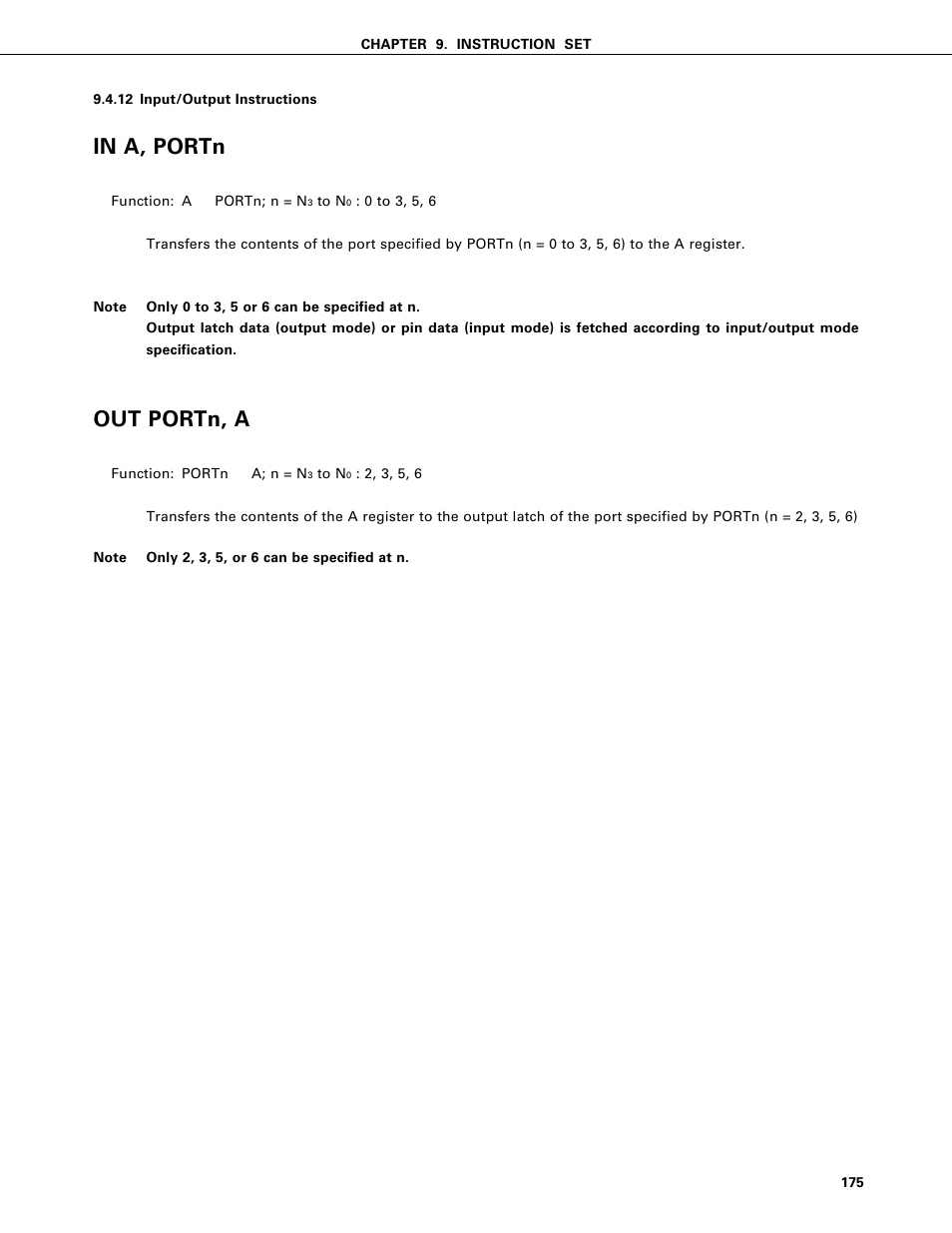 Input/output instructions, Out portn, a | NEC PD75402A User Manual | Page 186 / 195