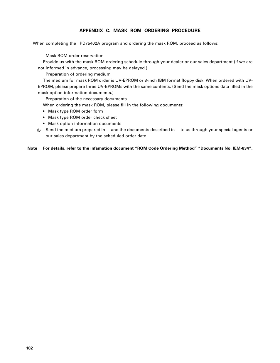 Appendix c. mask rom ordering procedure | NEC PD75402A User Manual | Page 193 / 195
