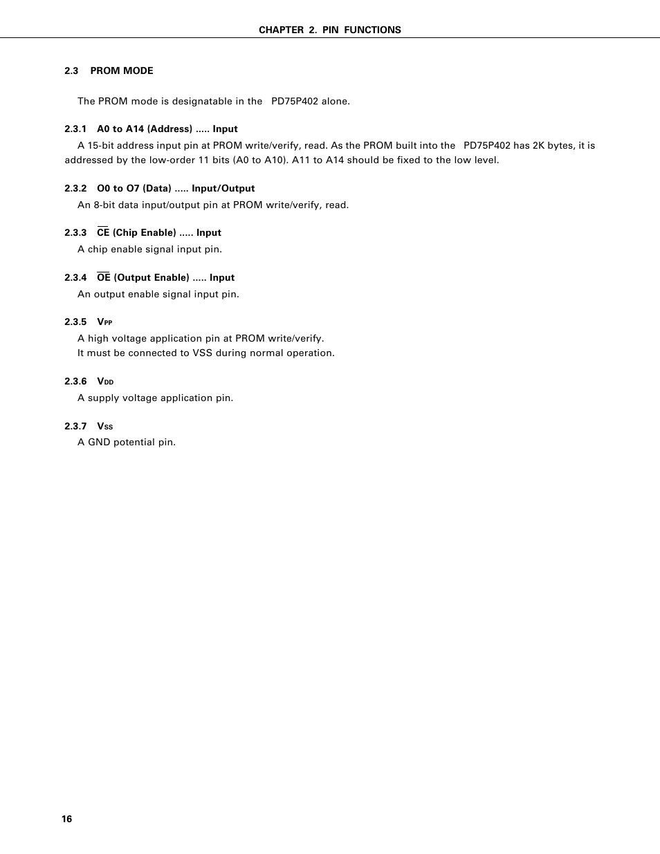 Prom mode, A0 to a14 (address), O0 to o7 (data) | Ce (chip enable), Menumenumenumenuoe (output enable) | NEC PD75402A User Manual | Page 27 / 195