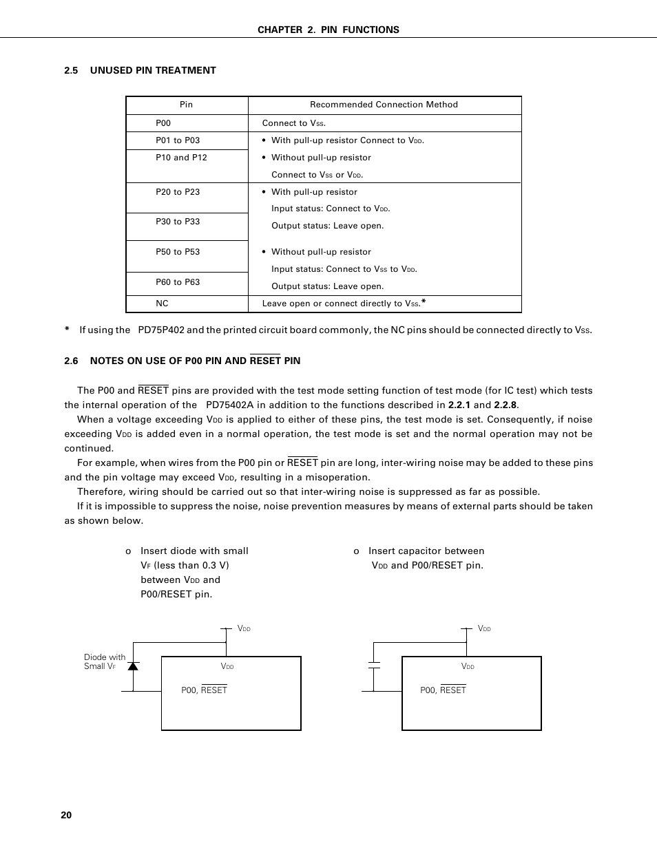 Unused pin treatment, Notes on use of p00 pin and reset pin | NEC PD75402A User Manual | Page 31 / 195