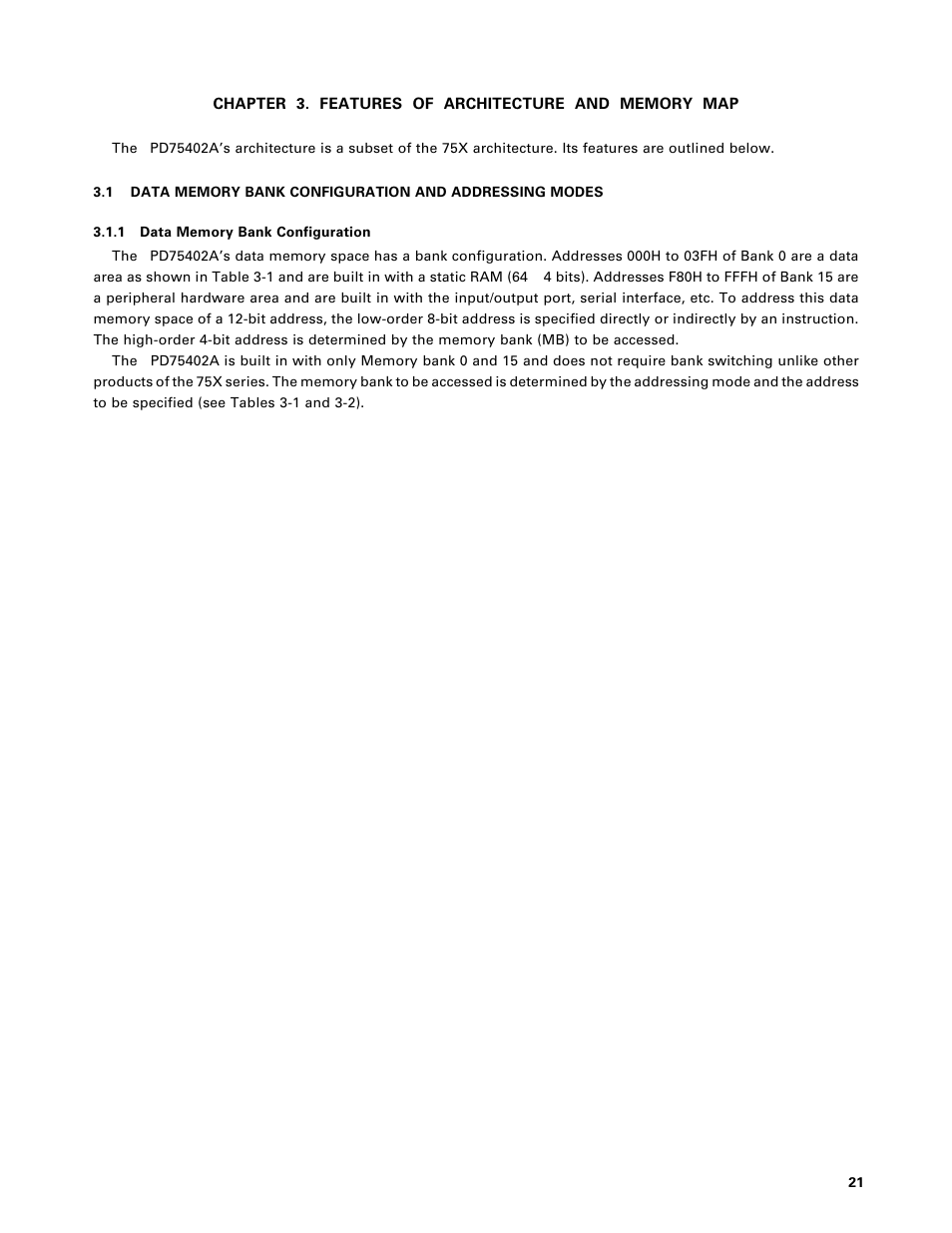 Ch 3. features of architecture and memory map, Data memory bank configuration | NEC PD75402A User Manual | Page 32 / 195