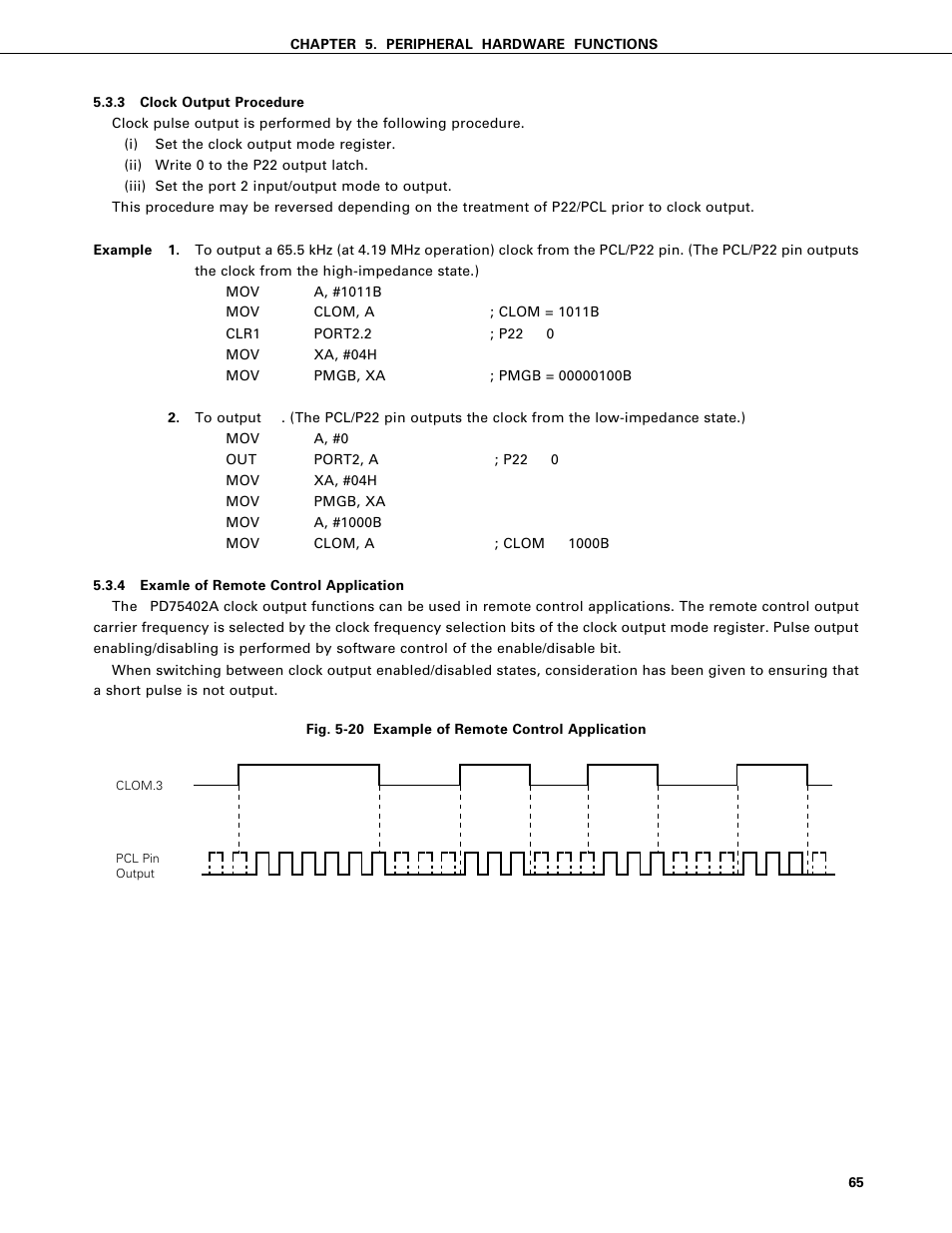 Clock output procedure, Examle of remote control application | NEC PD75402A User Manual | Page 76 / 195
