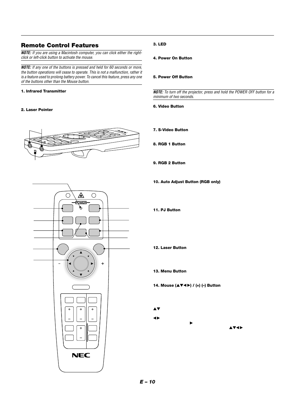 Remote control features, E – 10 | NEC MT1050 User Manual | Page 10 / 56