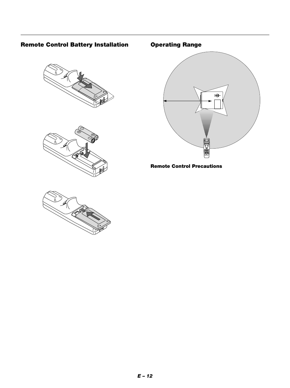 Operating range, Remote control battery installation | NEC MT1050 User Manual | Page 12 / 56