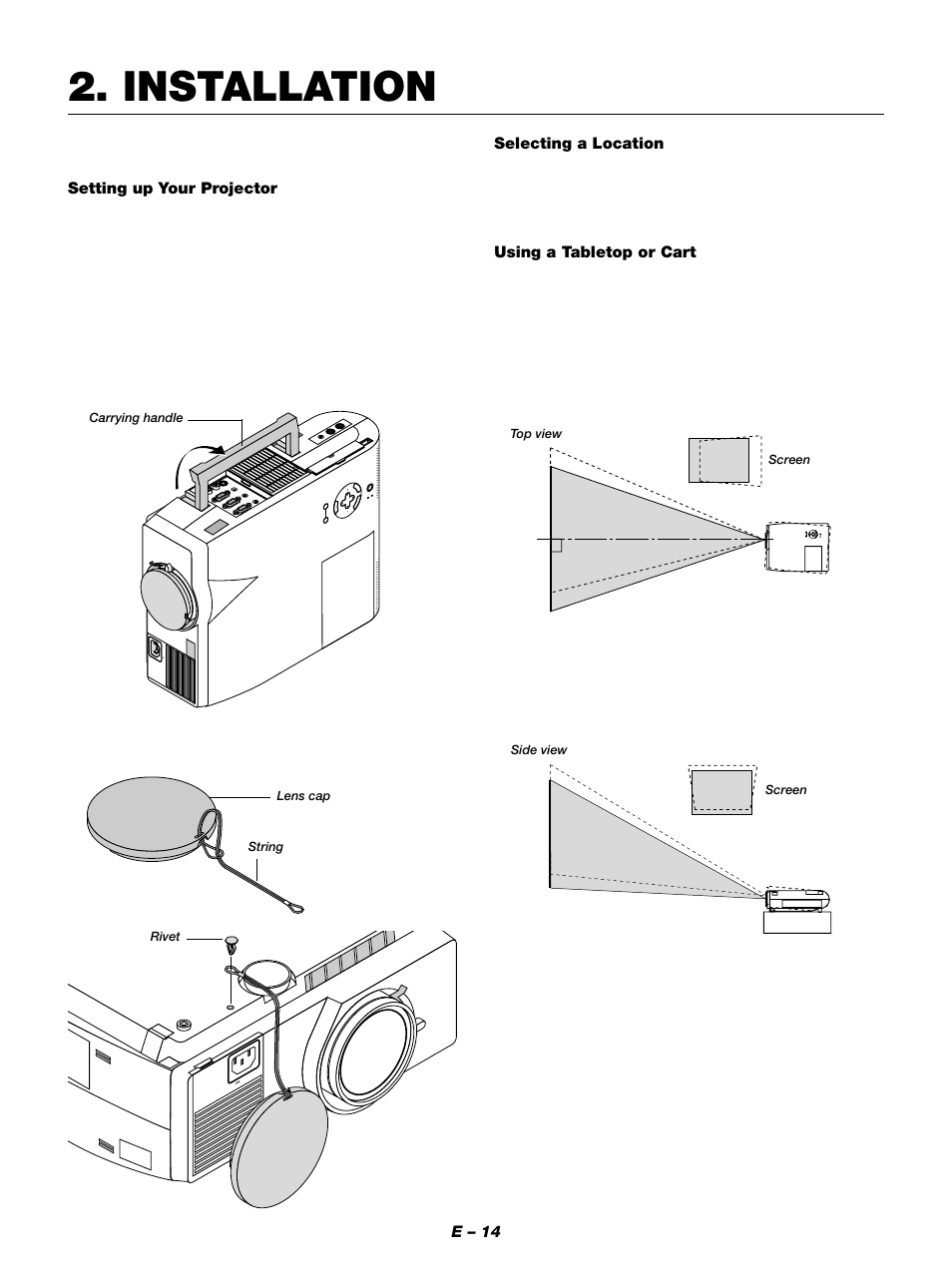 Installation, E – 14, Setting up your projector | Selecting a location, Using a tabletop or cart, En t e r, Ensure that the projector is square to the screen | NEC MT1050 User Manual | Page 14 / 56