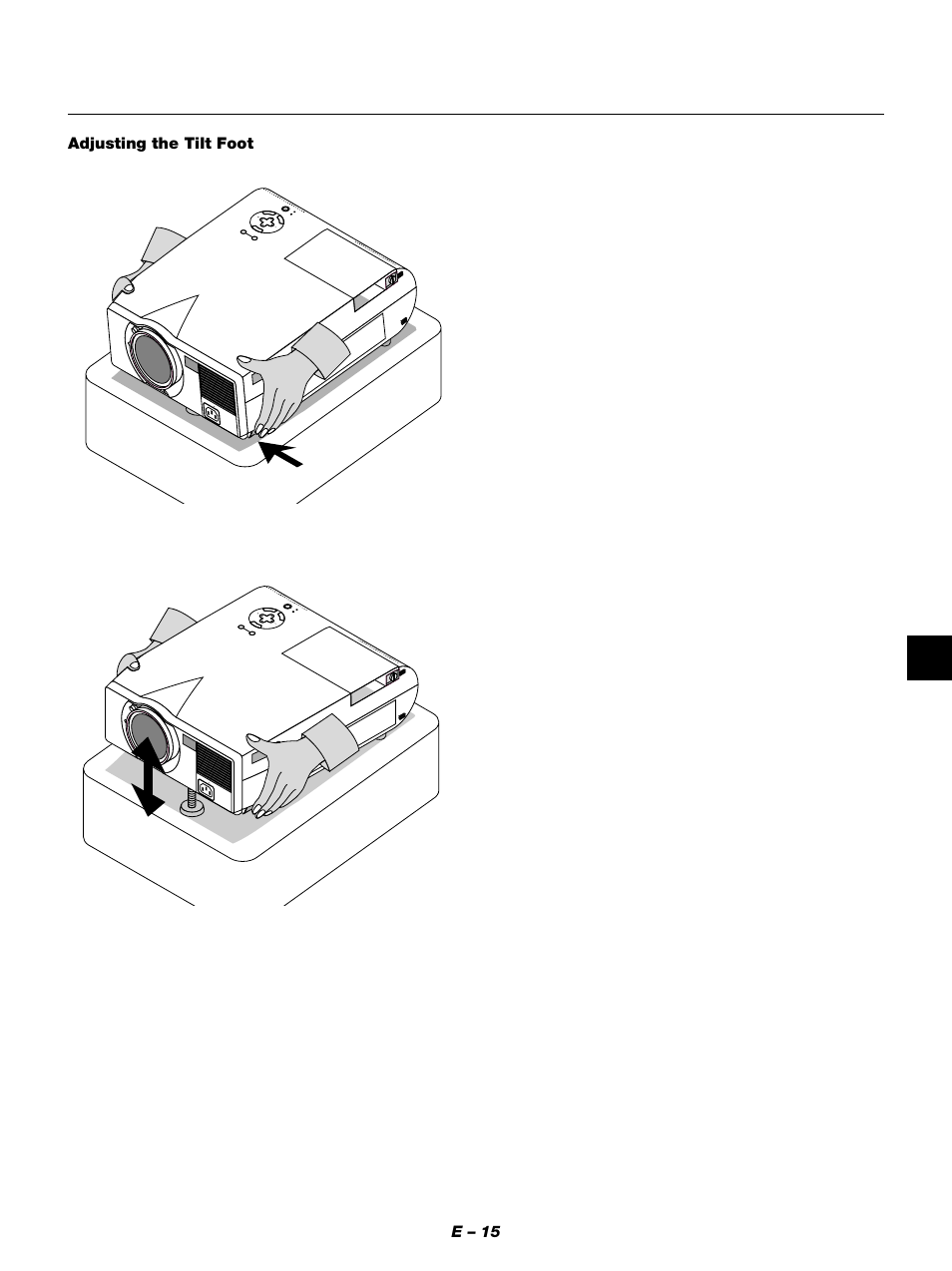 E – 15, Adjusting the tilt foot, Ca nc el | NEC MT1050 User Manual | Page 15 / 56