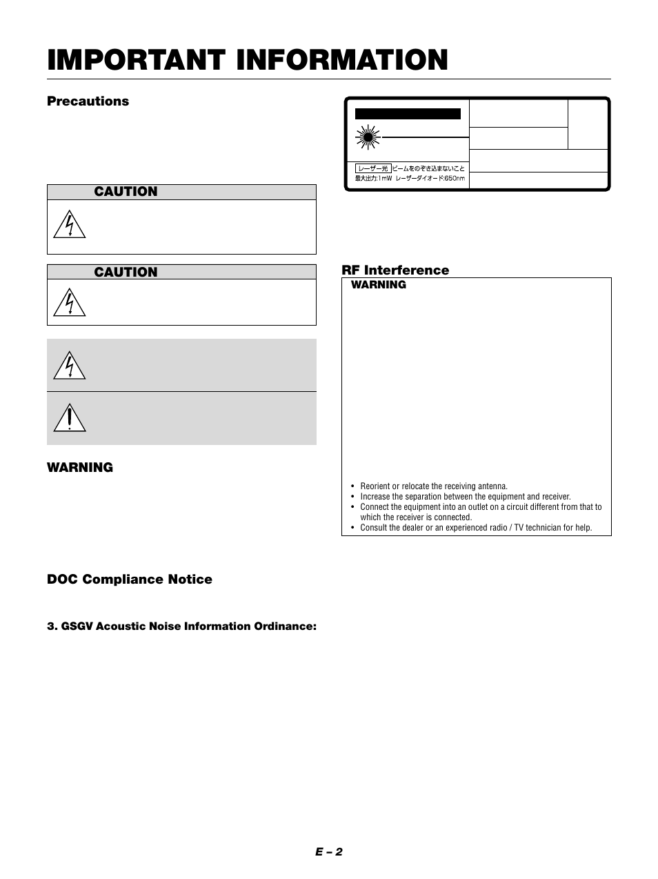 Important information, Precautions, Caution | Warning, Doc compliance notice, Rf interference | NEC MT1050 User Manual | Page 2 / 56