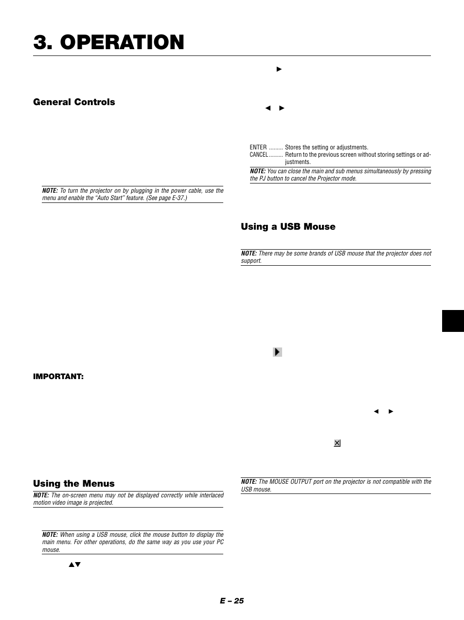 Operation, General controls, Using the menus | Using a usb mouse | NEC MT1050 User Manual | Page 25 / 56