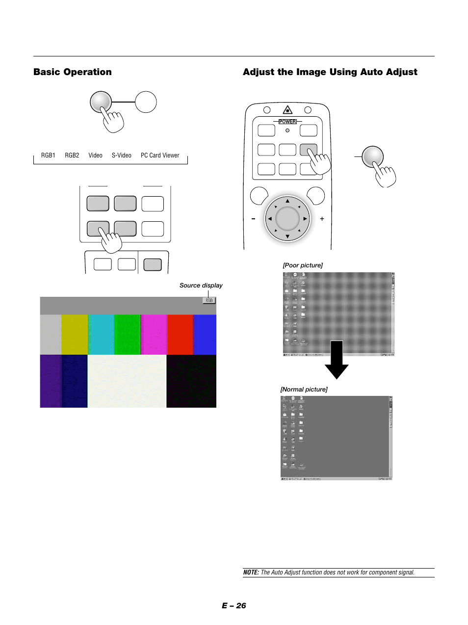 Basic operation, Adjust the image using auto adjust, E – 26 | NEC MT1050 User Manual | Page 26 / 56