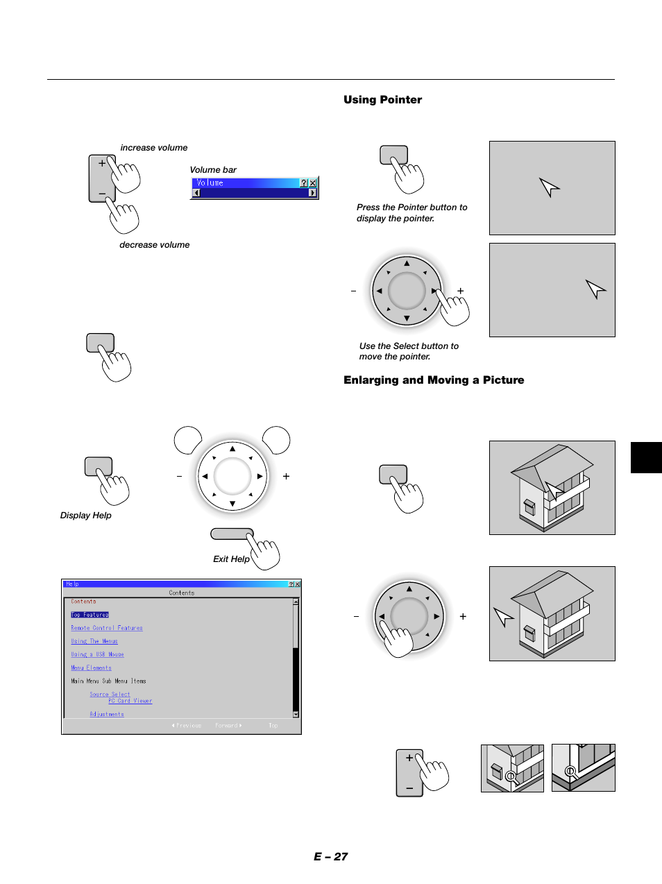 E – 27, Using pointer, Enlarging and moving a picture | NEC MT1050 User Manual | Page 27 / 56