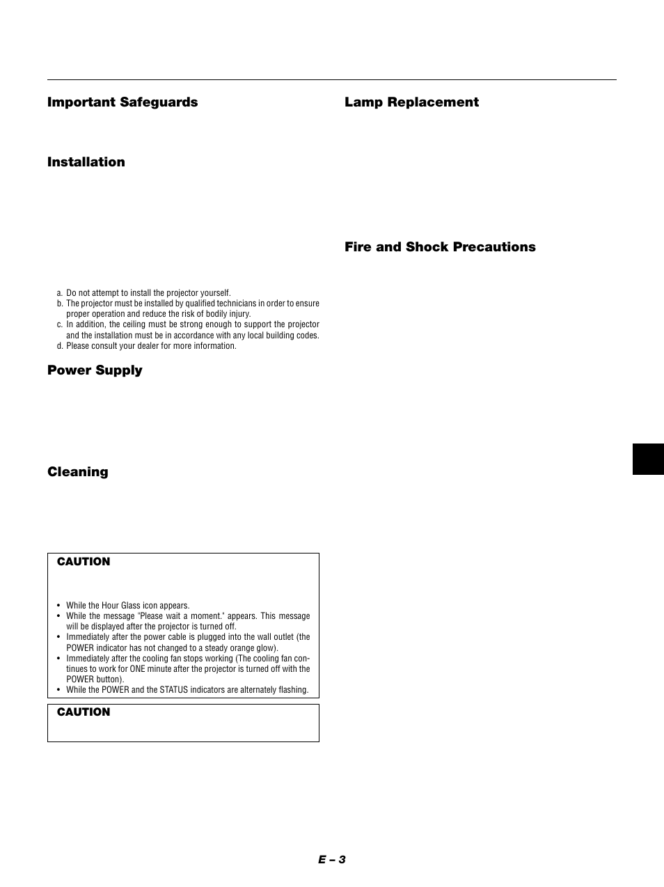 Important safeguards, Installation, Power supply | Cleaning, Lamp replacement, Fire and shock precautions | NEC MT1050 User Manual | Page 3 / 56