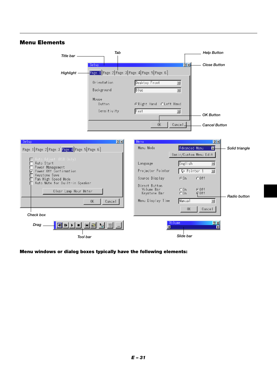 Menu elements | NEC MT1050 User Manual | Page 31 / 56