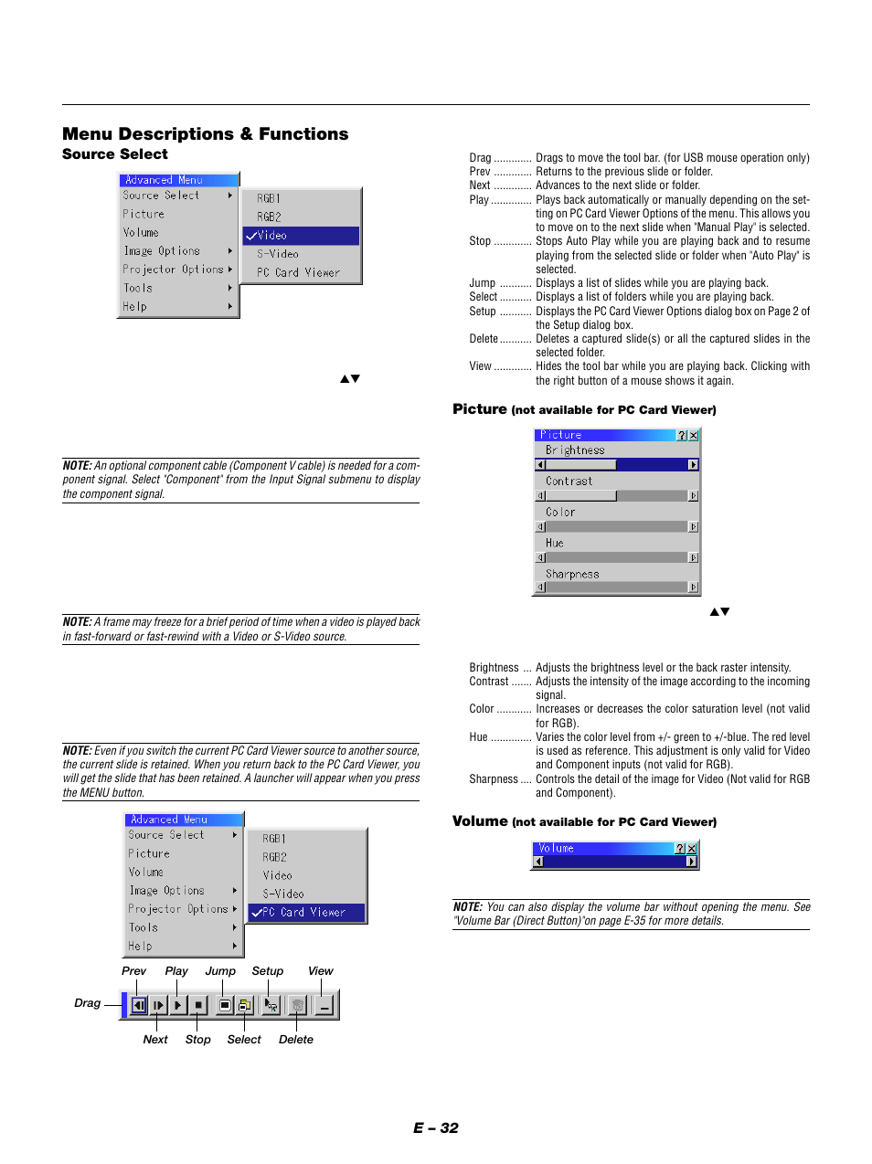 Menu descriptions & functions, E – 32, Picture | Source select, Volume | NEC MT1050 User Manual | Page 32 / 56