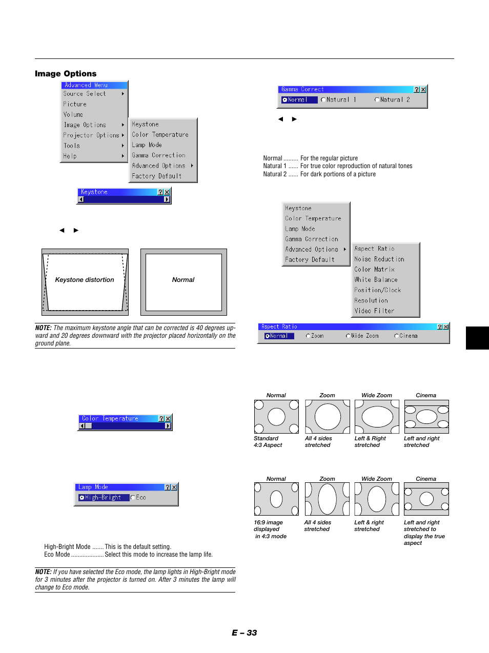 E – 33 image options | NEC MT1050 User Manual | Page 33 / 56