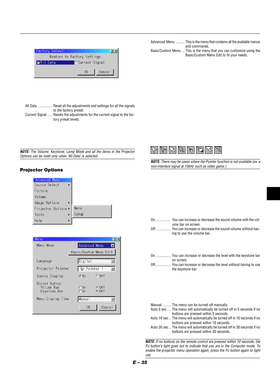 E – 35, Projector options | NEC MT1050 User Manual | Page 35 / 56