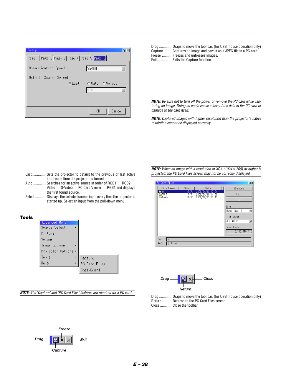 E – 38, Tools | NEC MT1050 User Manual | Page 38 / 56