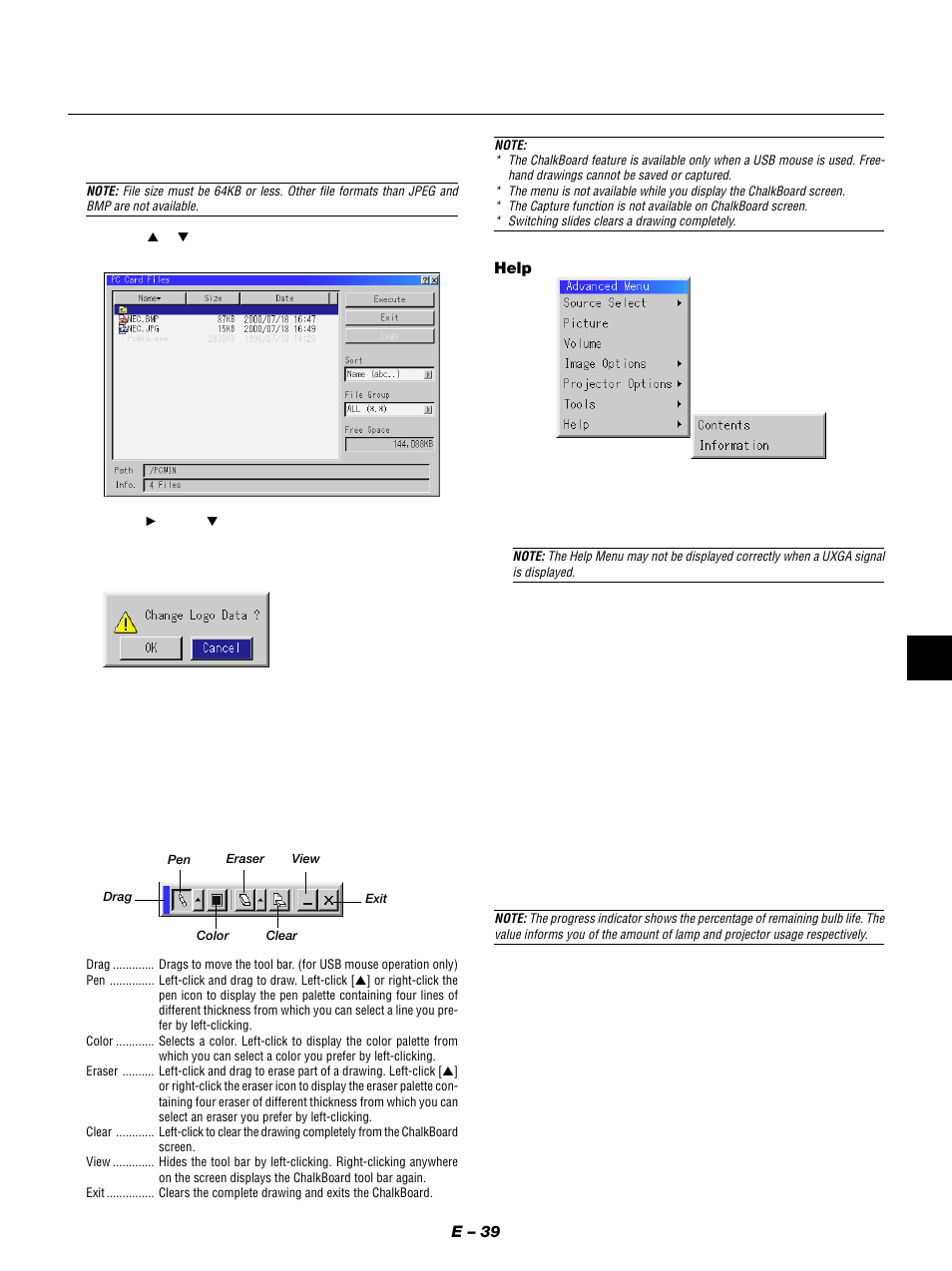E – 39, Help | NEC MT1050 User Manual | Page 39 / 56