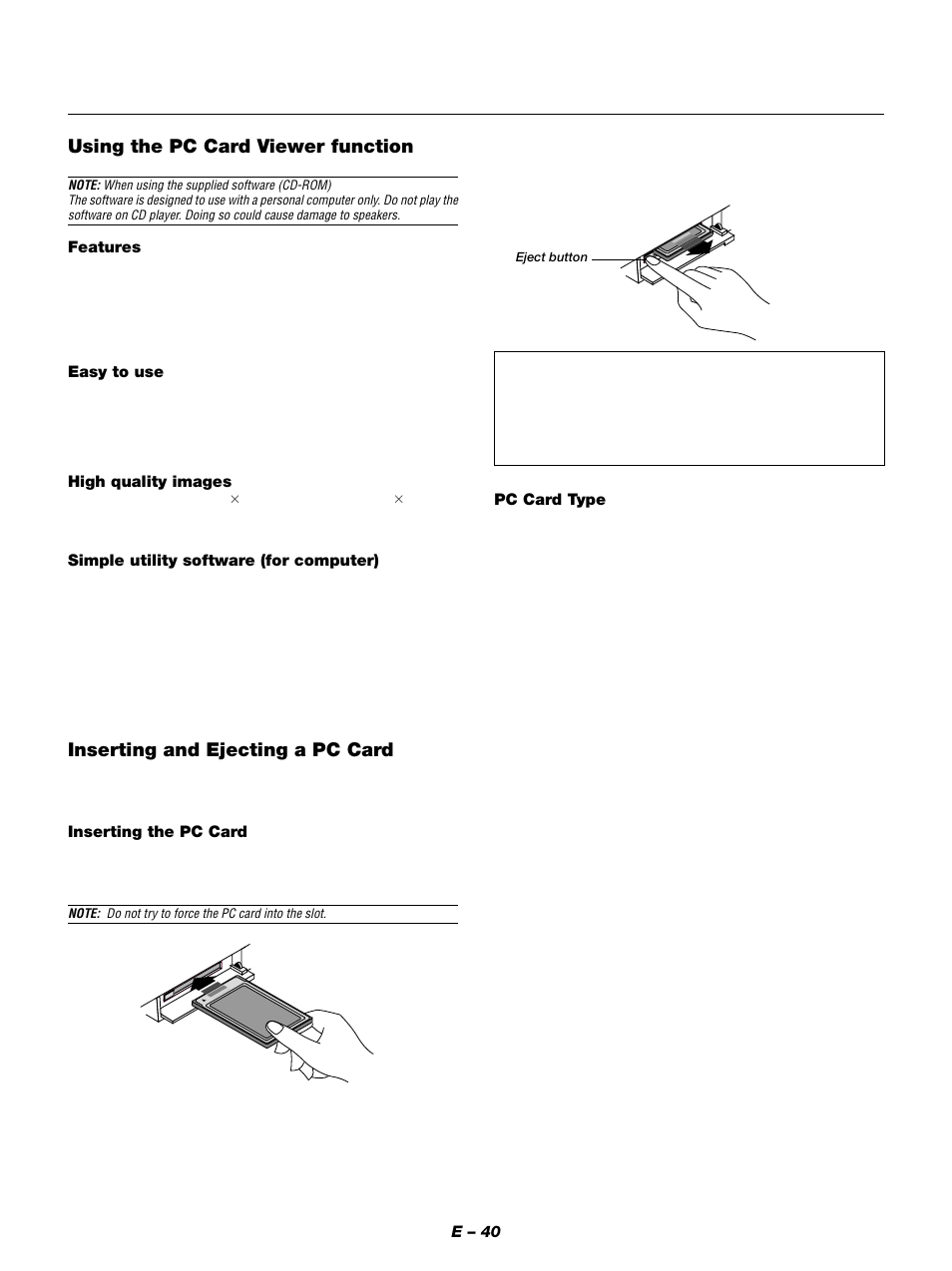 Using the pc card viewer function, Inserting and ejecting a pc card | NEC MT1050 User Manual | Page 40 / 56