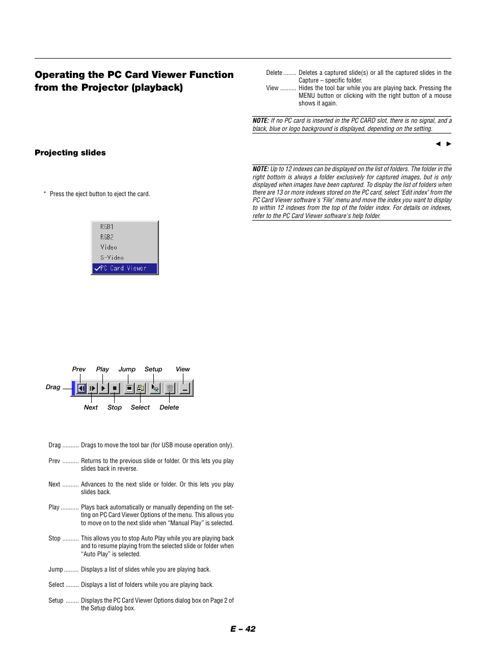 E – 42, Projecting slides | NEC MT1050 User Manual | Page 42 / 56