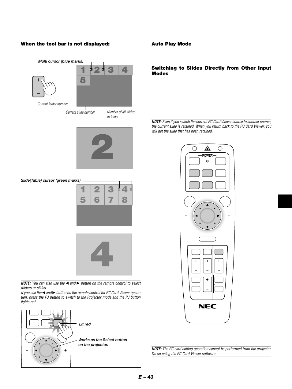 Slide, Folder, E – 43 when the tool bar is not displayed | Auto play mode | NEC MT1050 User Manual | Page 43 / 56