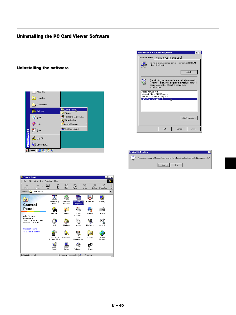 Uninstalling the pc card viewer software | NEC MT1050 User Manual | Page 45 / 56