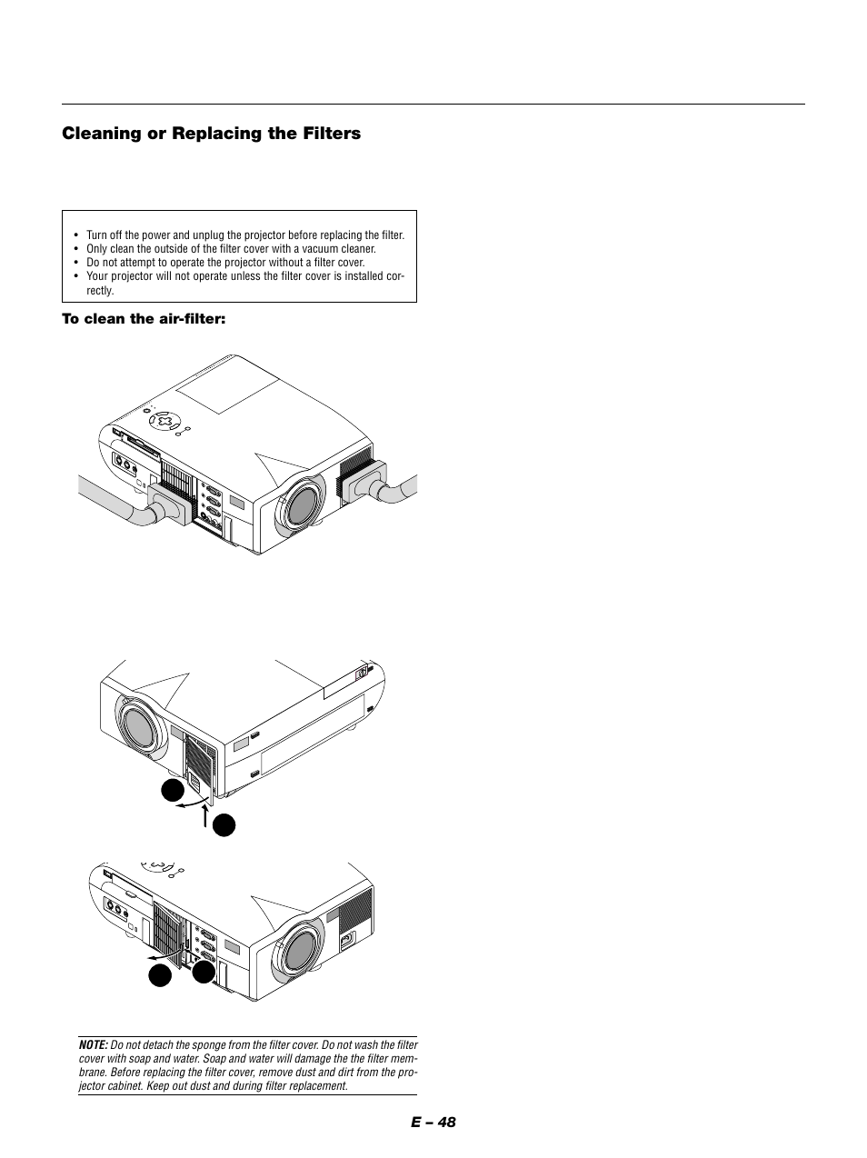 Cleaning or replacing the filters, E – 48, Me nu e nt er | Reinstall the new filter cover, Vacuum the filter-through the filter cover | NEC MT1050 User Manual | Page 48 / 56