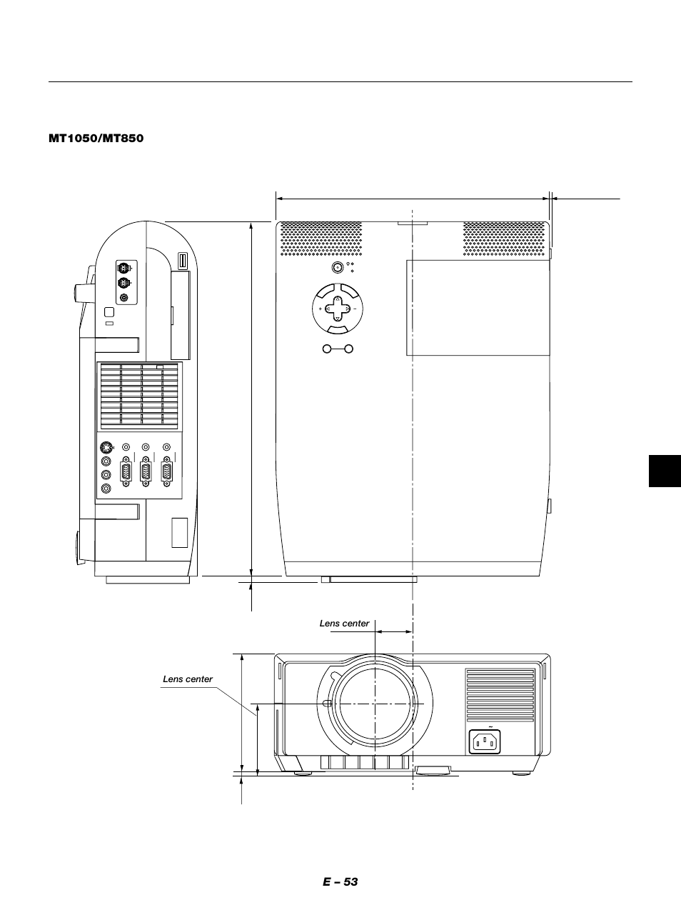 E – 53, Unit = mm (inch), Lens center | NEC MT1050 User Manual | Page 53 / 56